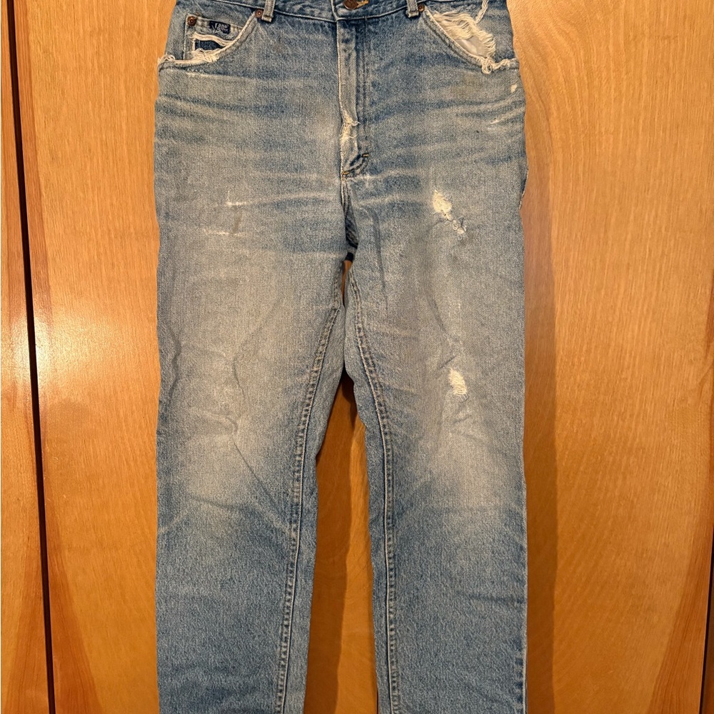 Vintage Lee Blue Jeans with lots of Natural Distressing & the Occasional Spot